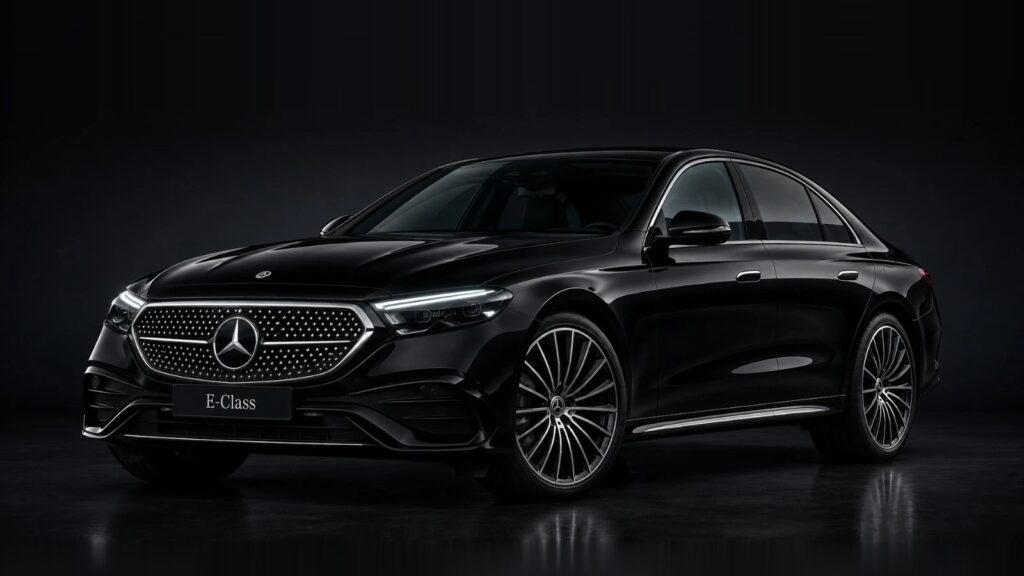 Mercedes-Benz E-Class, black, studio front three-quarter view
