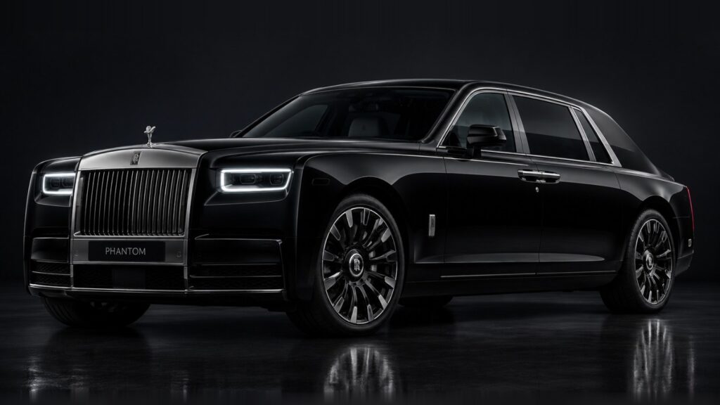 Rolls-Royce Phantom, black, studio front three-quarter view