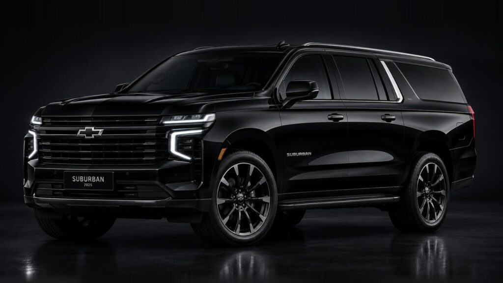 Chevrolet Suburban, black, studio front three-quarter view